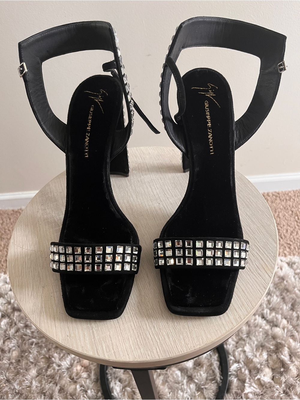 Giuseppe Zanotti Black Crystal-Embellished Block Heels - Picture 1 of 5
